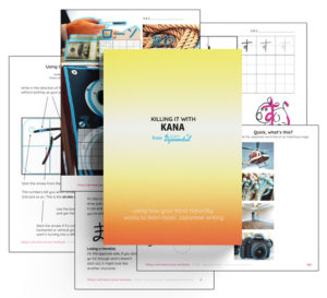 Showing the Killing it with Kana workbook along with pages of different activities and tools.